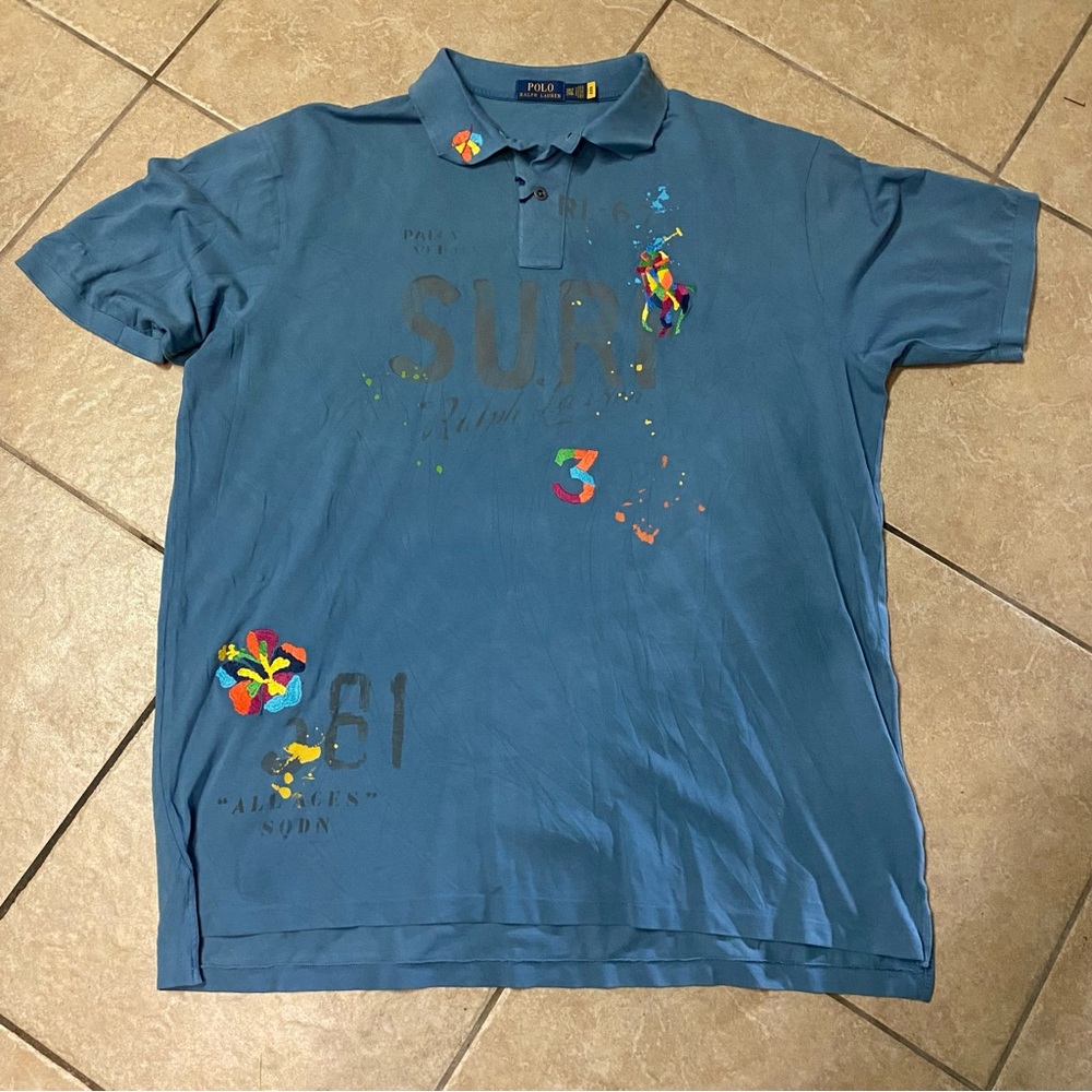 Ralph Lauren Teal Polo with Multicolor Paint and Floral Accents